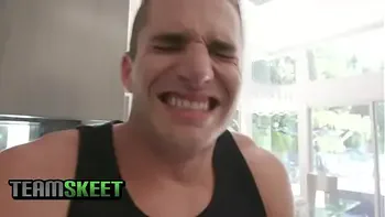 Milf Becky Bandini lets stepson stroke his big boner between her thick thighs until his stepsister catches them in act