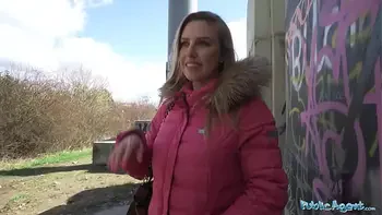 Public Agent A beautiful woman with a model looking figure gives and outdoor blowjob before fucking indoors