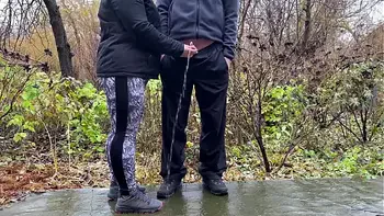 Sports stepmother-in-law after jogging in the park holds son-in-law's penis