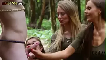 BDSM CFNM group BJ and HJ outdoor 4 sub by dominant babes