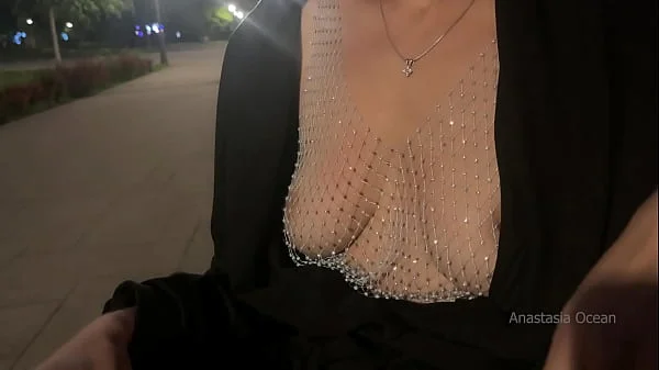 Street pick up of shameless slut. Stranger knead her boobs right in public park.