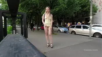 Perverted public slut walk. Upskirt, no panties, flashing pussy outside in tight short dress.