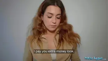 Public Agent Tight Spanish babe gives blowjob and fuck behind husbands back