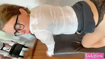 Secretary desperate for a bonus lets boss creampie her.