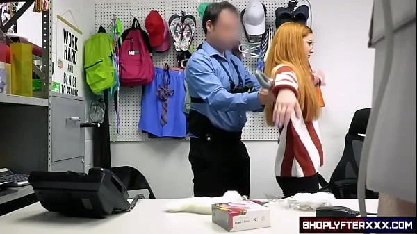 Sexy nerdy girl and thief can't leave the store in her Halloween costume because she is caught by the security guard who fucks her hard in her wet and tight pussy to set her free.