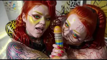 Strange double blowjob by two ginger AI twins dolls