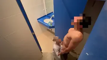 I surprise the gym cleaning girl who when she comes in to clean the toilet she catches me jerking off and helps me finish cumming with a blowjob