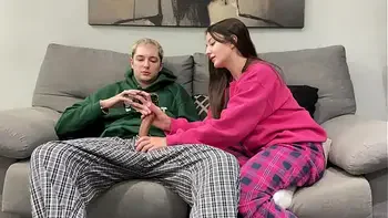 Step Brother Watch Porn and Jerk Off Next To Step Sister! But She Decide Handjob Him Instead Reading Boring Book