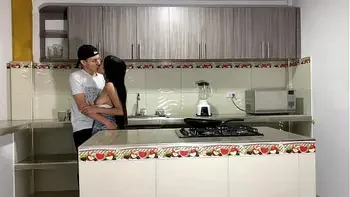 Passionate sex in the kitchen and a lot of cum at the end