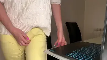 Stepson saw Stepmother’s Big Cumshot through pants in the office