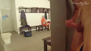 SPY RESTROOM SWIMMING POOL: hard cock exposed for a big boobs woman