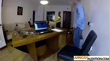 Hot ebony teen Clarice swallowed a huge cock and spit on it after casting