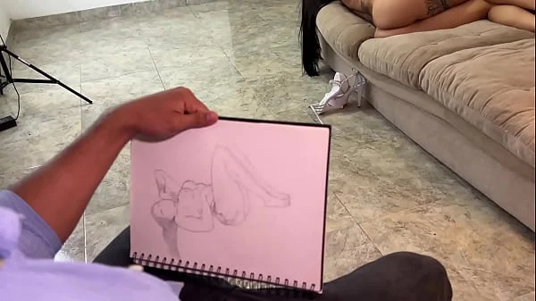 Artist can't hold back and masturbates while drawing Colombian Silvana Lee's big tits naked