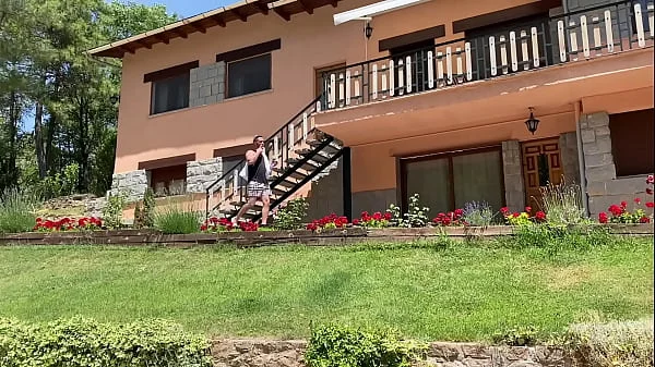 blowjob on balcony before outdoor hot sex and footjob with riming near pool