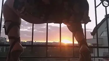 Afretwork Sexy Show at Office Balcony # NO PANTIES in Office at Sun Set