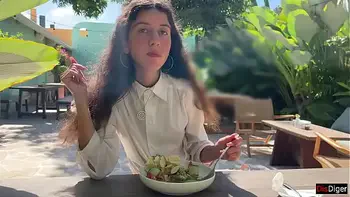 Cum on a girl's face in a public cafe - She eats lunch with cum on her face! - Cumwalk