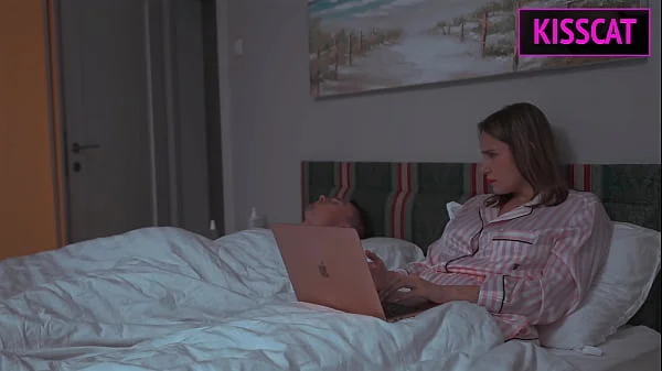 Step son distract step mom from work, so she helps cum with hand job in share bed, but get fuck