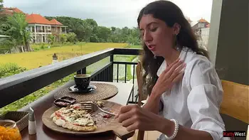 Eating pizza with cum on my face in a public cafe