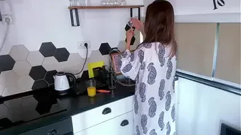 Milky Stepmother's Boner was Licked by Her Stepson on the Kitchen