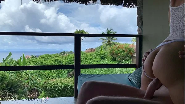 cock bouncing on a public balcony on honeymoon in paradise, projectfundiary