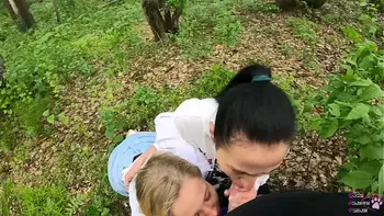 Amateur threesome blowjob outdoors