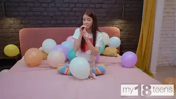 MY18TEENS - Skinny girl with small tits blows up balloons and fucks herself with a dildo