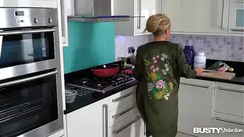 Busty seduction and blonde stunner Katie T. fills shaved pink with veggies