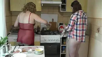 Two women. Lesbians. Two girls. Adult sexy blonde lesbian Milf and beautiful sweet cute girl in kitchen without panties. Sexy lingerie. Perfect ass Big ass mature Natural tits. Pussy Close UP. Nudists