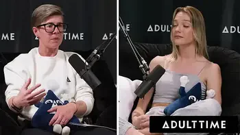 ADULT TIME - Busty Lesbians Octavia Red & Kenna James CAUGHT EATING PUSSY On Podcast Set! FULL SCENE