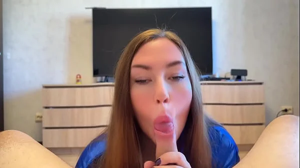 Hot brunette sucks big cock perfectly and gets cum in her mouth!