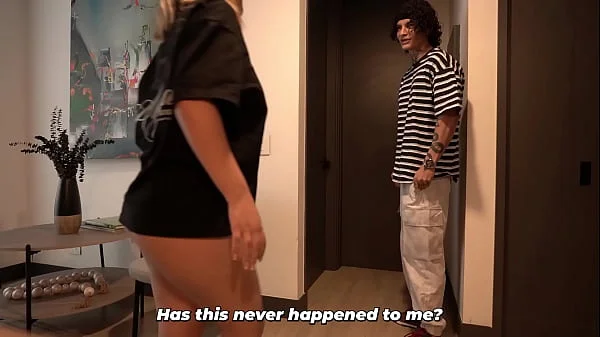 Good service! - Busty blonde ends up offering quick sex after not having cash for the delivery guy.