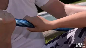 Busty redhead Lola Fauve fucks pool boy & swallows his enormous cock