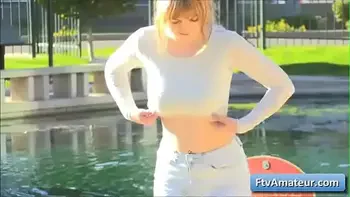 Hot blonde teen amateur Alyssa play with her big round boobs outdoors