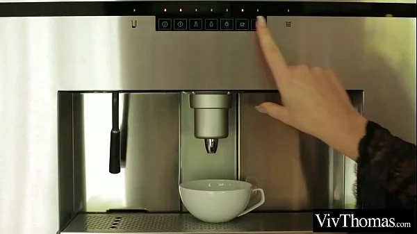Lesbians having hard orgasms in the kitchen with their morning espresso
