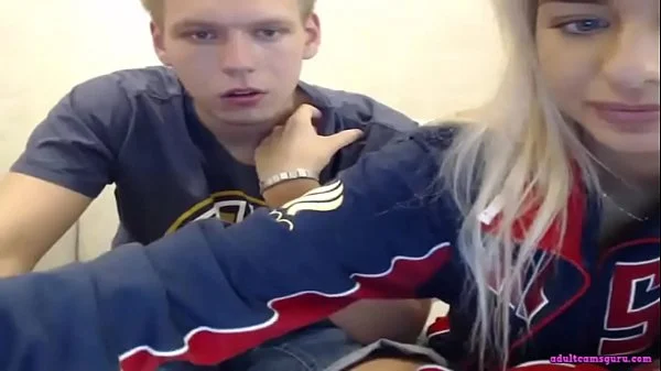 Blonde teen is making blowjob for her boyfriend at live sex webcam show