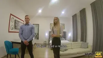 HUNT4K. Blonde in stockings and shirt is ready for sex to close deal