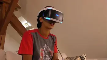 Isabel flashes her pussy and ass under her panties with a tshirt and she has a new game in her Playstation VR but she needs..