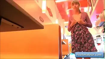Blonde cutie teen amateur Alana gets naughty in a diner and finger her pussy deep and tender