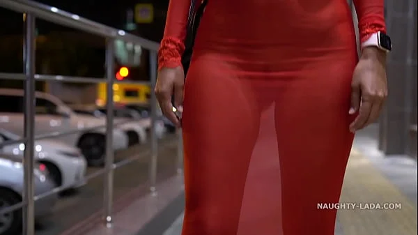 Red transparent dress in public