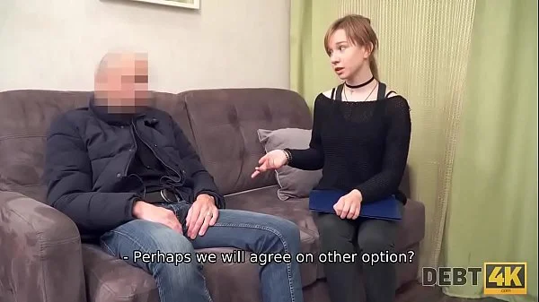 Debt4k. Red-haired miss reaches orgasm and returns the debt at the same time