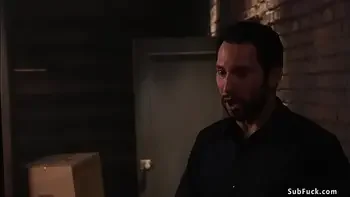 Warehouse worker ties and fucks blonde