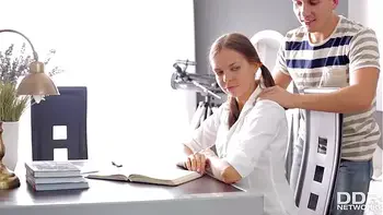 Horny Russian teen Carre bends over her desk to get banged from behind