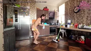 Sexy Wife Fun Dancing Naked While Cleaning the House