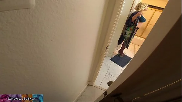 Stepson films stepmom undress in the bathroom then fucks her to help her self-confidence