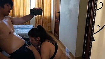 Homemade Neighbor Affair: Brunette Latina Sucks Cock While Boyfriend Works