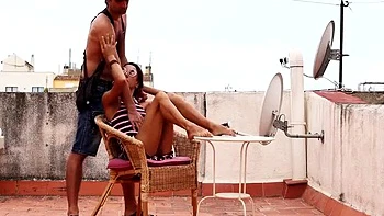 Skinny Brunette Amateur Blowjob on Terrace - Homemade Outdoor Pussy Eating