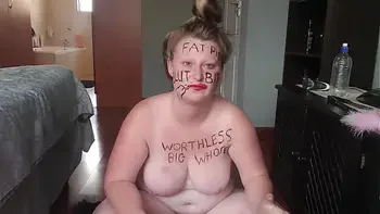 Big fat worthless pig degrading herself | body writing |hair pulling | self slapping