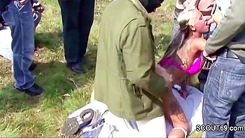 German Teen 18+ In Outdoor Gangbang With 13 Stranger