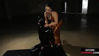 Domme pegs suspended gimp before hj domination