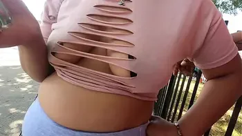 Wife with pasties cut up shirt and no bra in public